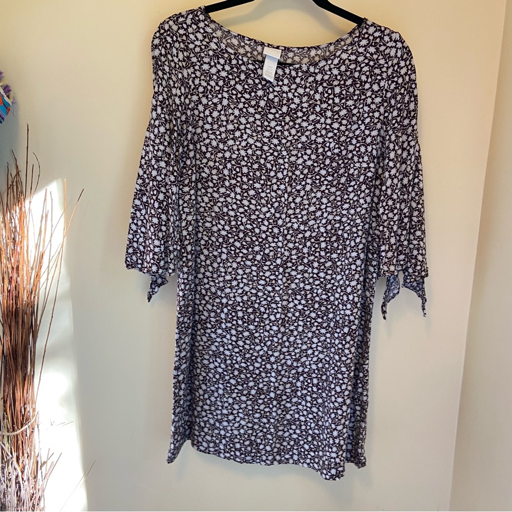 H & M White Label Dress Tunic Brown and Ivory Floral Print Cold Shoulder 10 Med